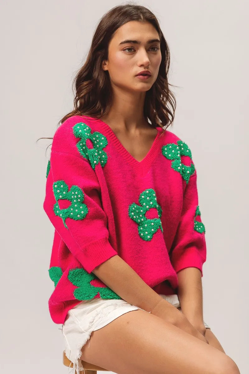 BiBi Pearl Beads Flowers Sweater Top OutfitFlow
