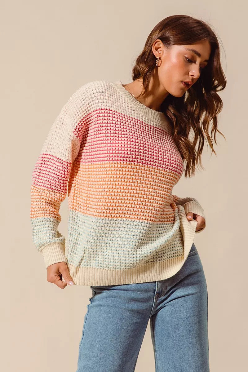 SO ME Multi Color Block Long Sleeve Sweater OutfitFlow