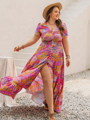 Plus Size Printed V-Neck Short Sleeve Maxi Dress OutfitFlow