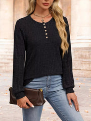 Ribbed Knit Button-Front Long Sleeve T-Shirt OutfitFlow