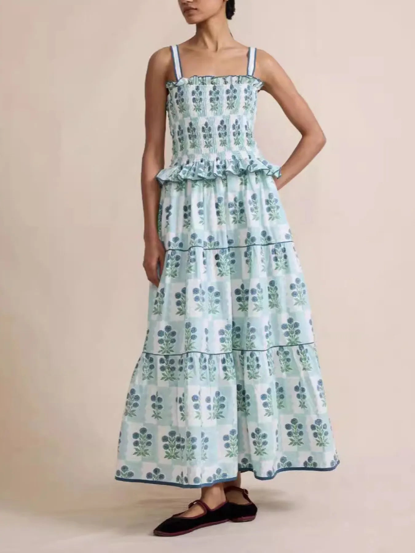 Bohemian Floral Print Smocked Tiered Maxi Dress Sage OutfitFlow