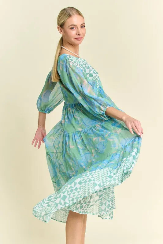 Davi & Dani Geo and Floral Print Mixed Tiered Dress OutfitFlow