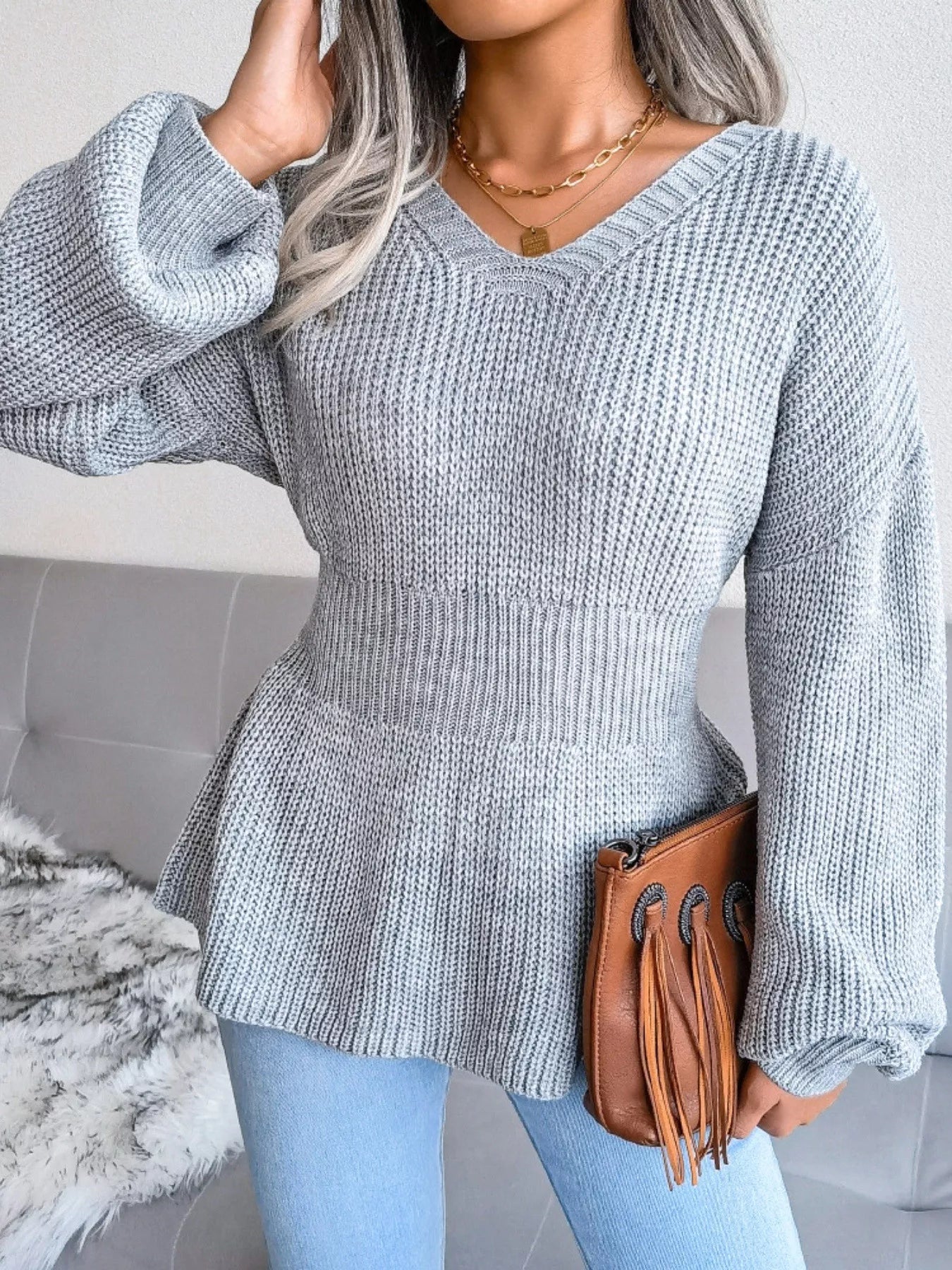 V-Neck Dropped Shoulder Sweater Grey OutfitFlow