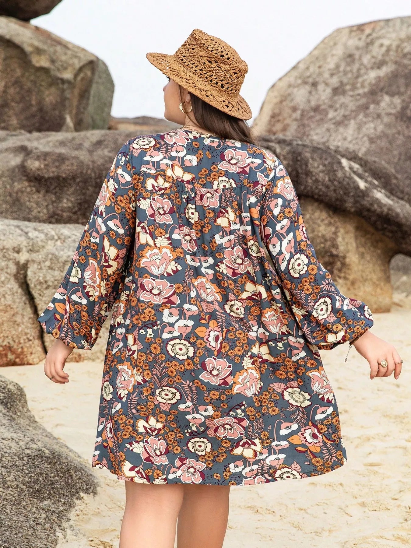 Plus Size Floral Print Long Sleeve Mini Dress OutfitFlow