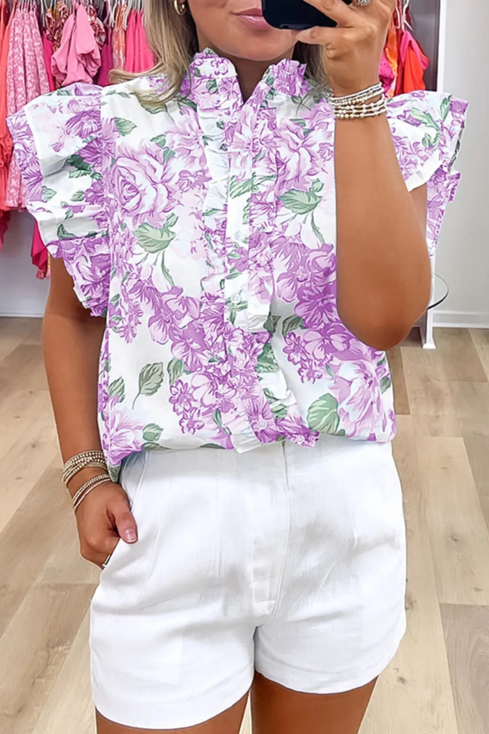 Printed Ruffled Sleeve Button-Up Blouse Pink Purple OutfitFlow