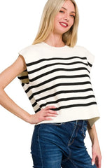 Zenana Oversized Crew Neck Stripe Sweater Vest OutfitFlow