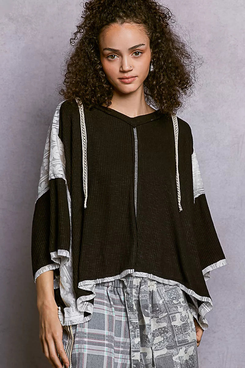 POL Short Sleeve Hoodie Top with Lace Detail BLACK OutfitFlow