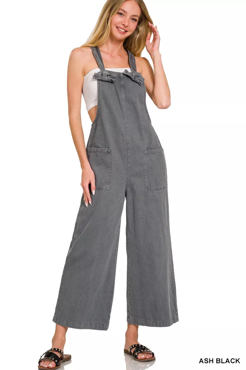 Zenana Washed Knot Strap Pockets Jumpsuit OutfitFlow