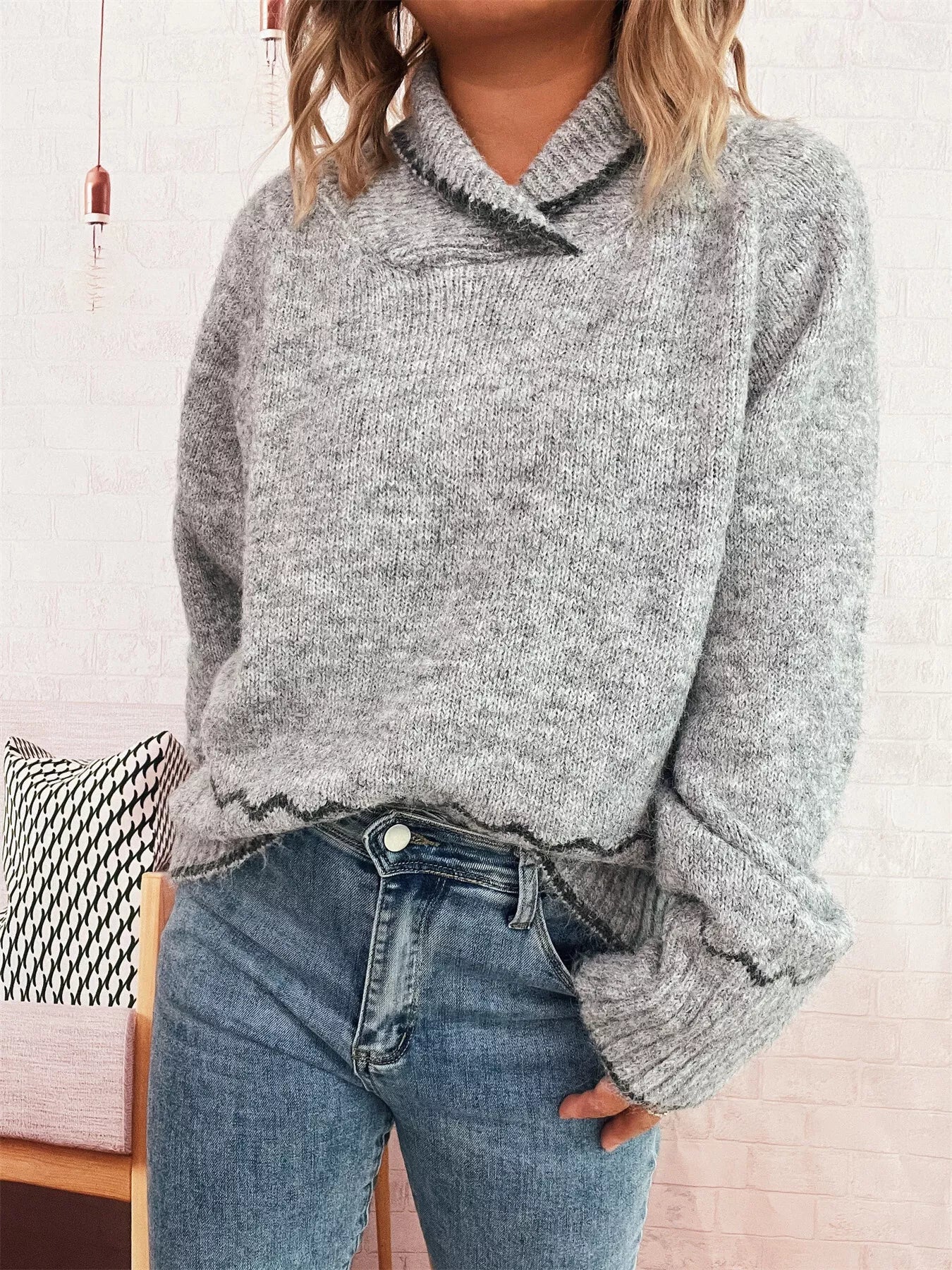 Ribbed Contrast Trim Long Sleeve Sweater OutfitFlow