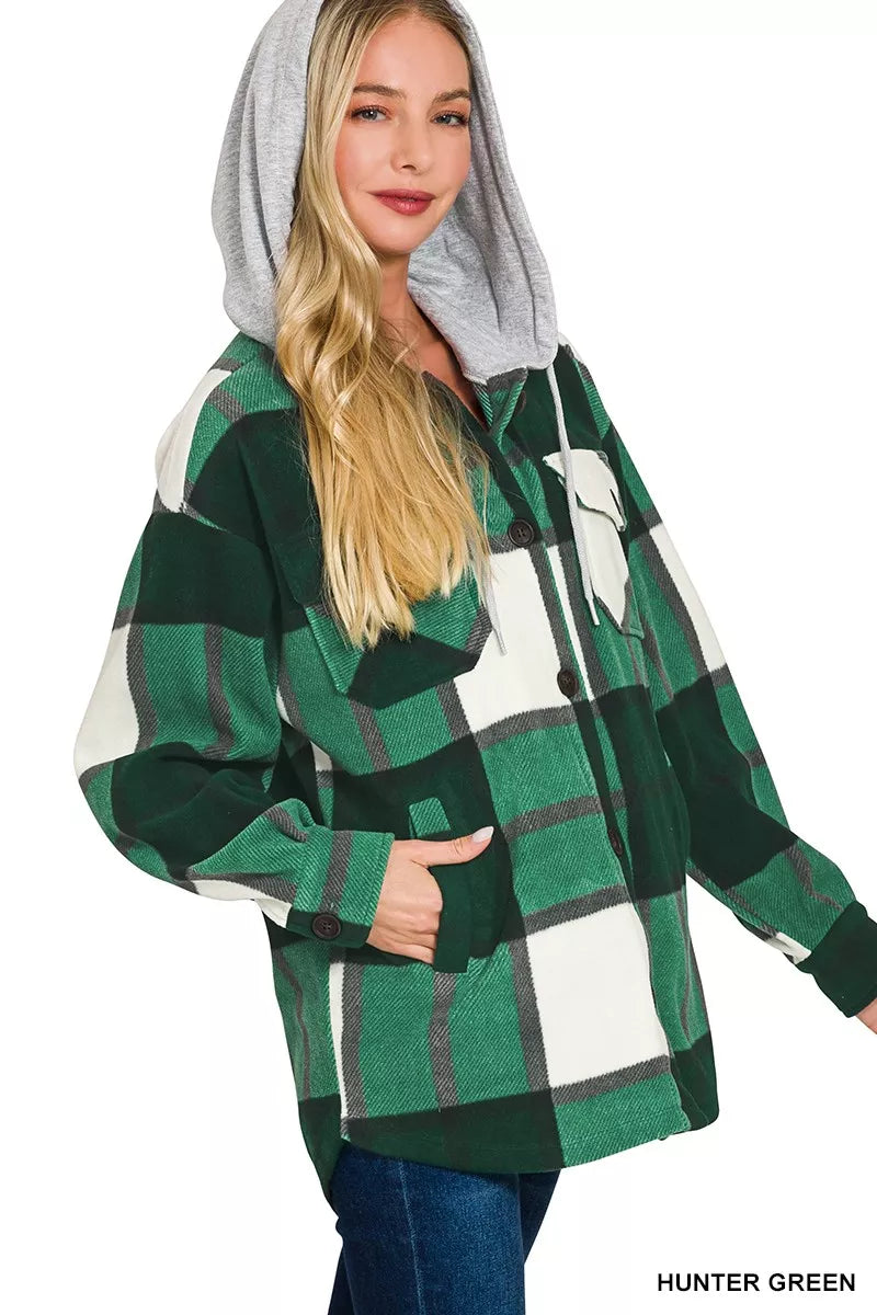 Zenana Plaid Drawstring Hooded Fleece Shacket OutfitFlow