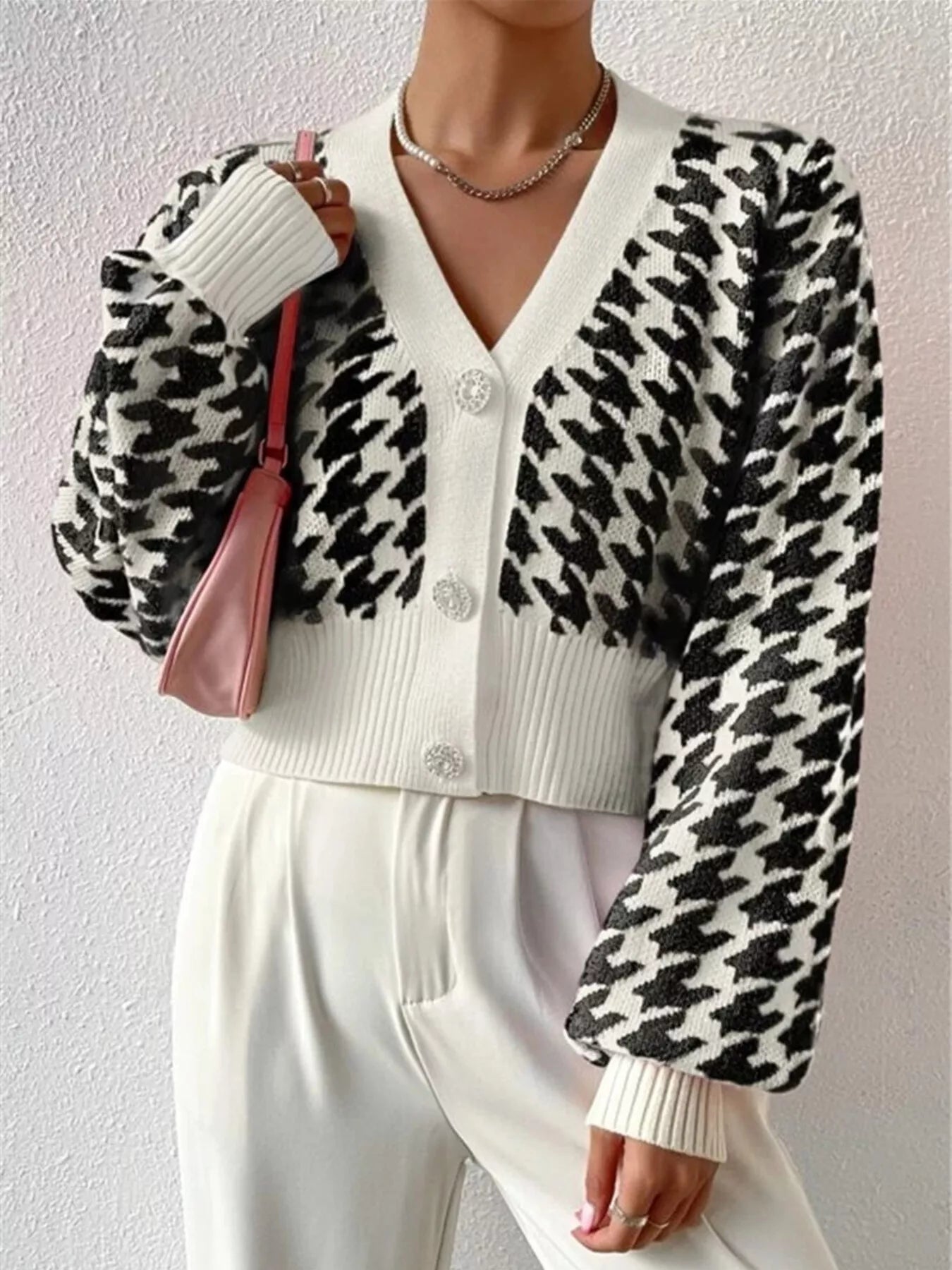 Houndstooth V-Neck Button Up Cardigan OutfitFlow