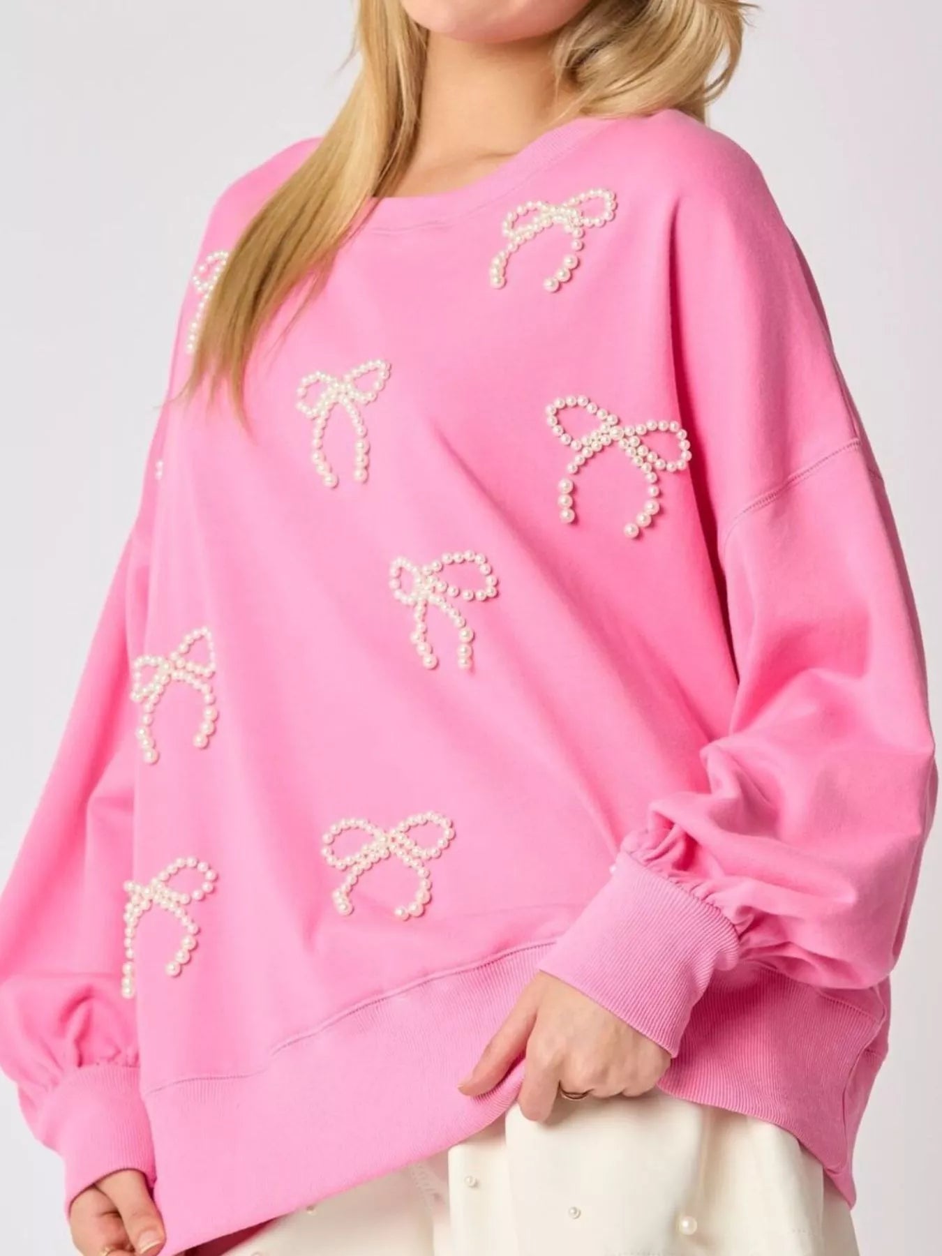 Pearl Embellished Bow Long Sleeve Sweatshirt OutfitFlow