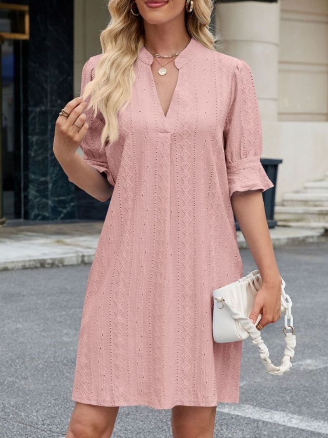 Eyelet Flounce Sleeve Mini Dress OutfitFlow