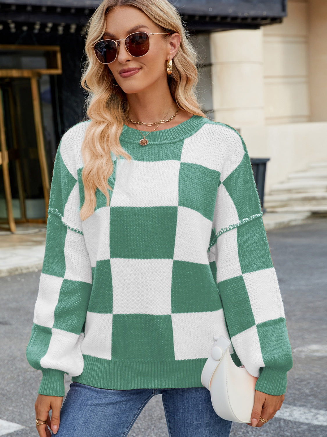 Outfit Flow - Checkered Round Neck Long Sleeve Sweater