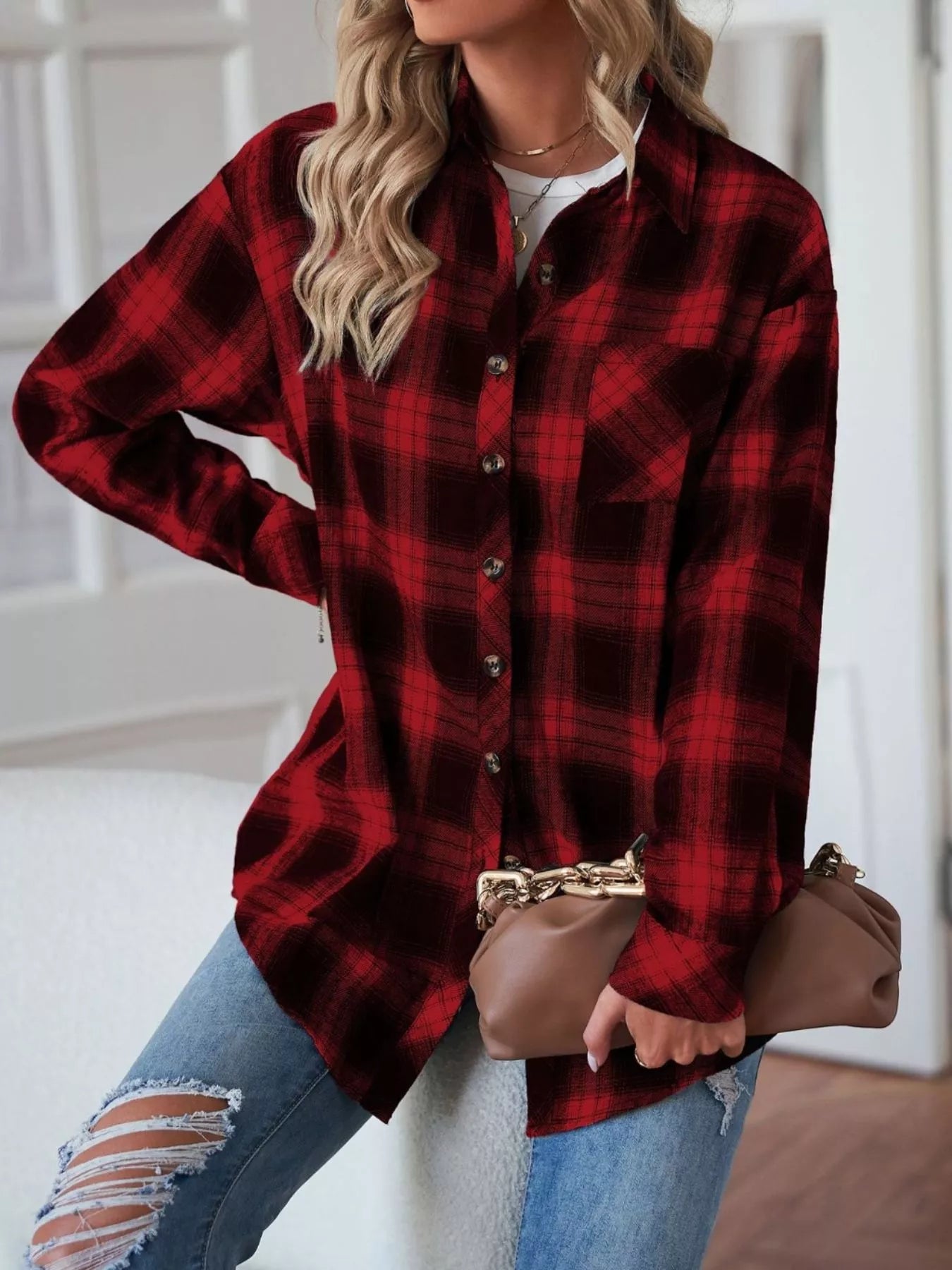 Casual Plaid Button Up Shirt Trendsi
