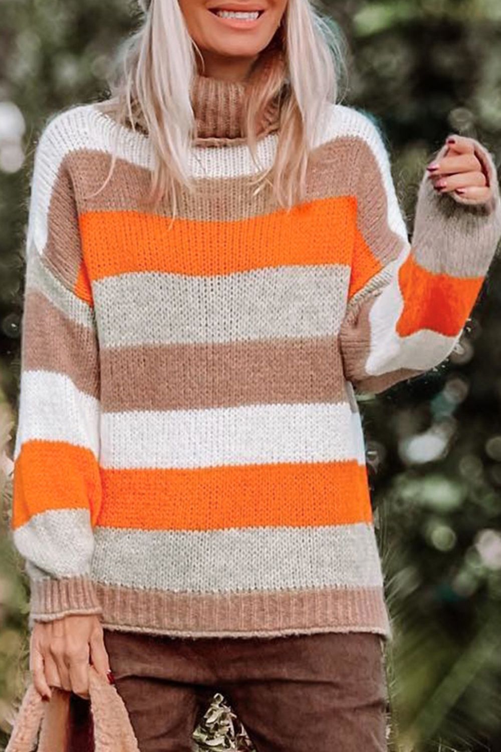 Outfit Flow - Color Block Drop Shoulder Turtleneck Sweater