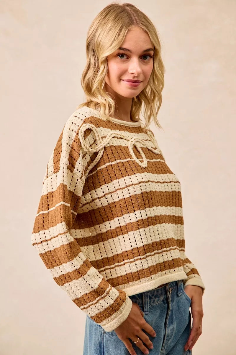 BiBi Striped Open Knit Sweater Top with Front Braided Detail OutfitFlow