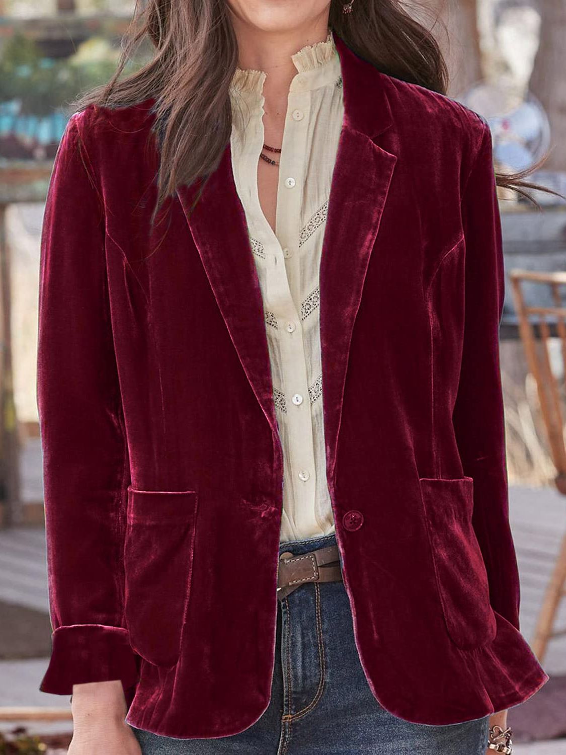 Pocketed Button Up Lapel Collar Blazer OutfitFlow