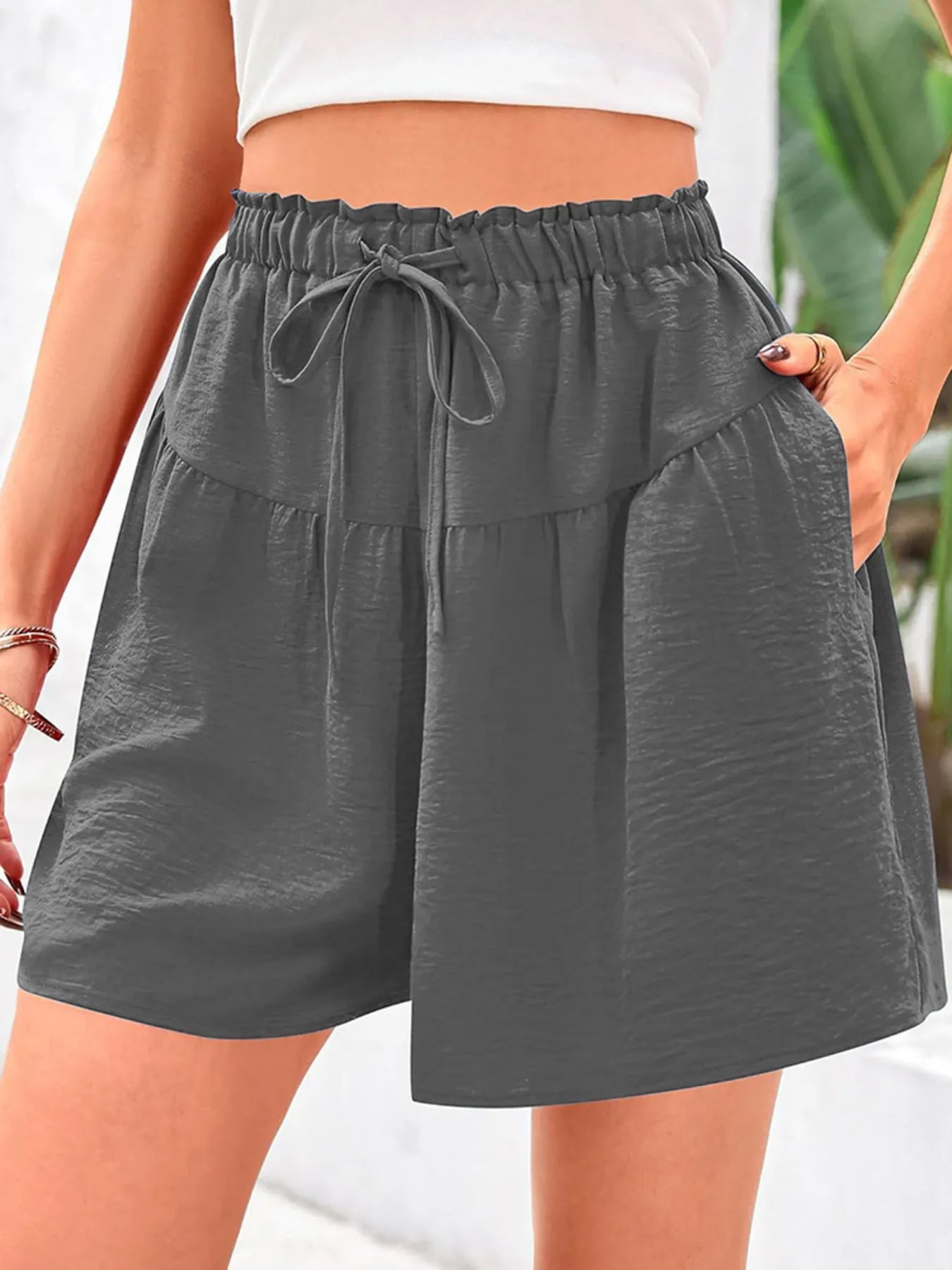 Full Size Casual Drawstring High Waist Relaxed Shorts Plus Size Grey OutfitFlow