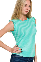 Zenana Ribbed Ruffle Trim Sleeveless Stripe Top OutfitFlow