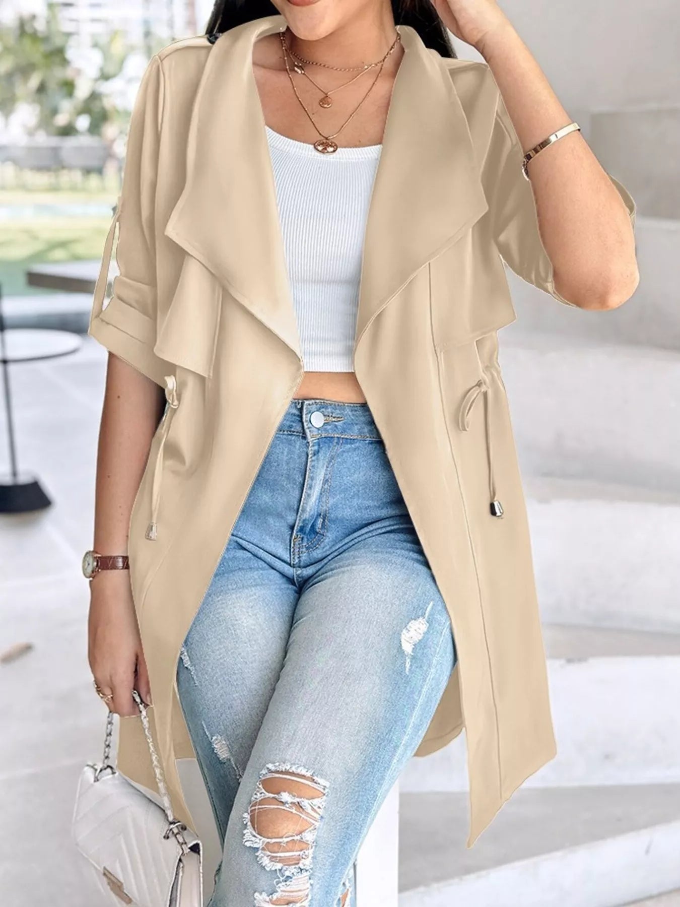 Drape Collar Lightweight Trench Coat Khaki OutfitFlow