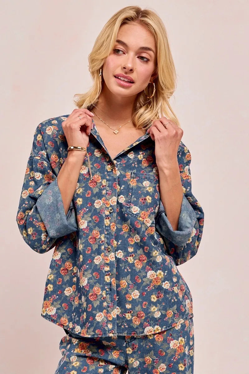 BiBi Washed Floral Print Denim Jacket OutfitFlow