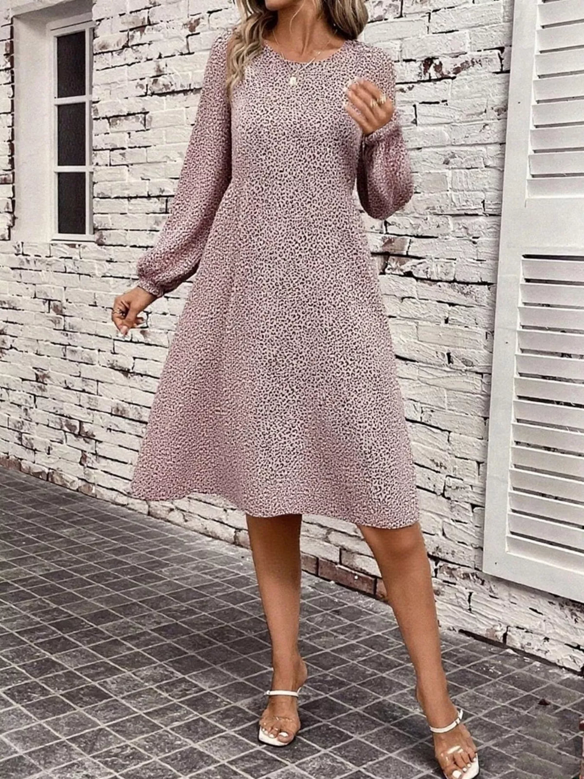 Leopard Balloon Sleeve Midi Dress Lavender OutfitFlow