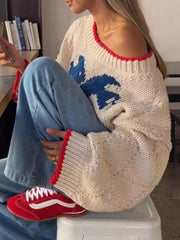 Fish Contrast Trim Round Neck Sweater OutfitFlow