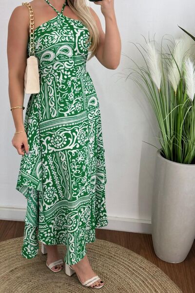 Smocked Printed Halter Neck Dress Green OutfitFlow