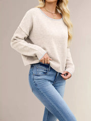 Round Neck Dropped Shoulder Sweater OutfitFlow