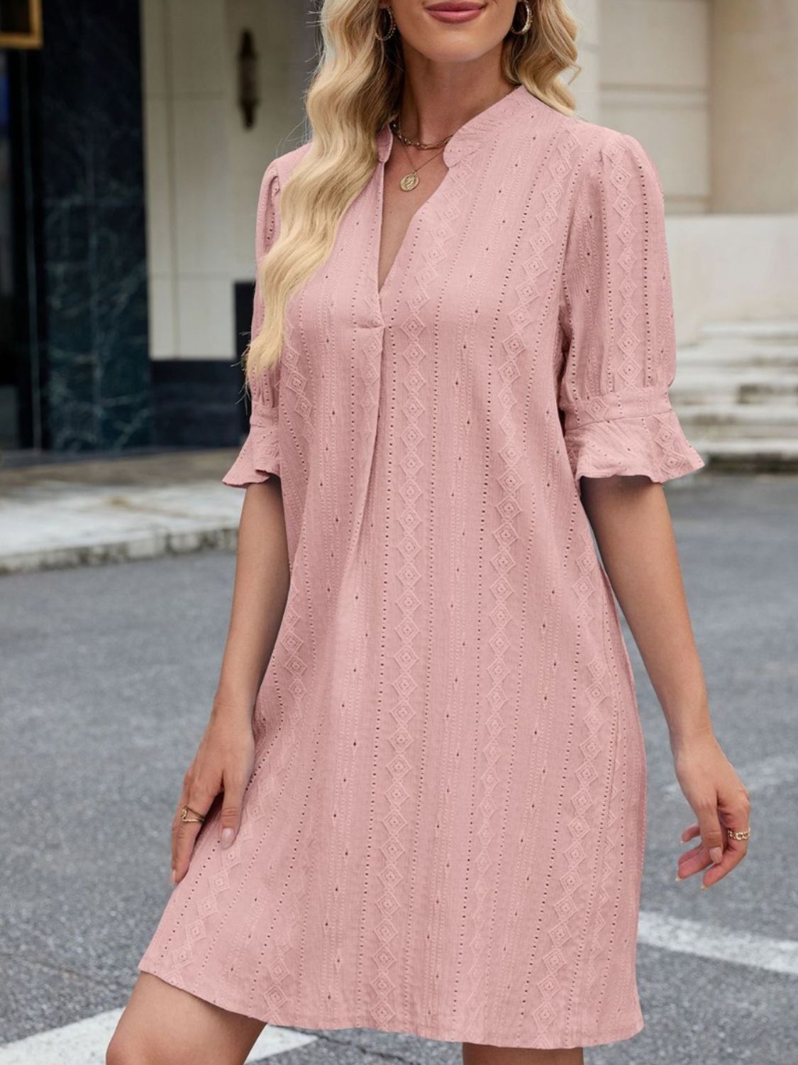 Eyelet Flounce Sleeve Mini Dress OutfitFlow