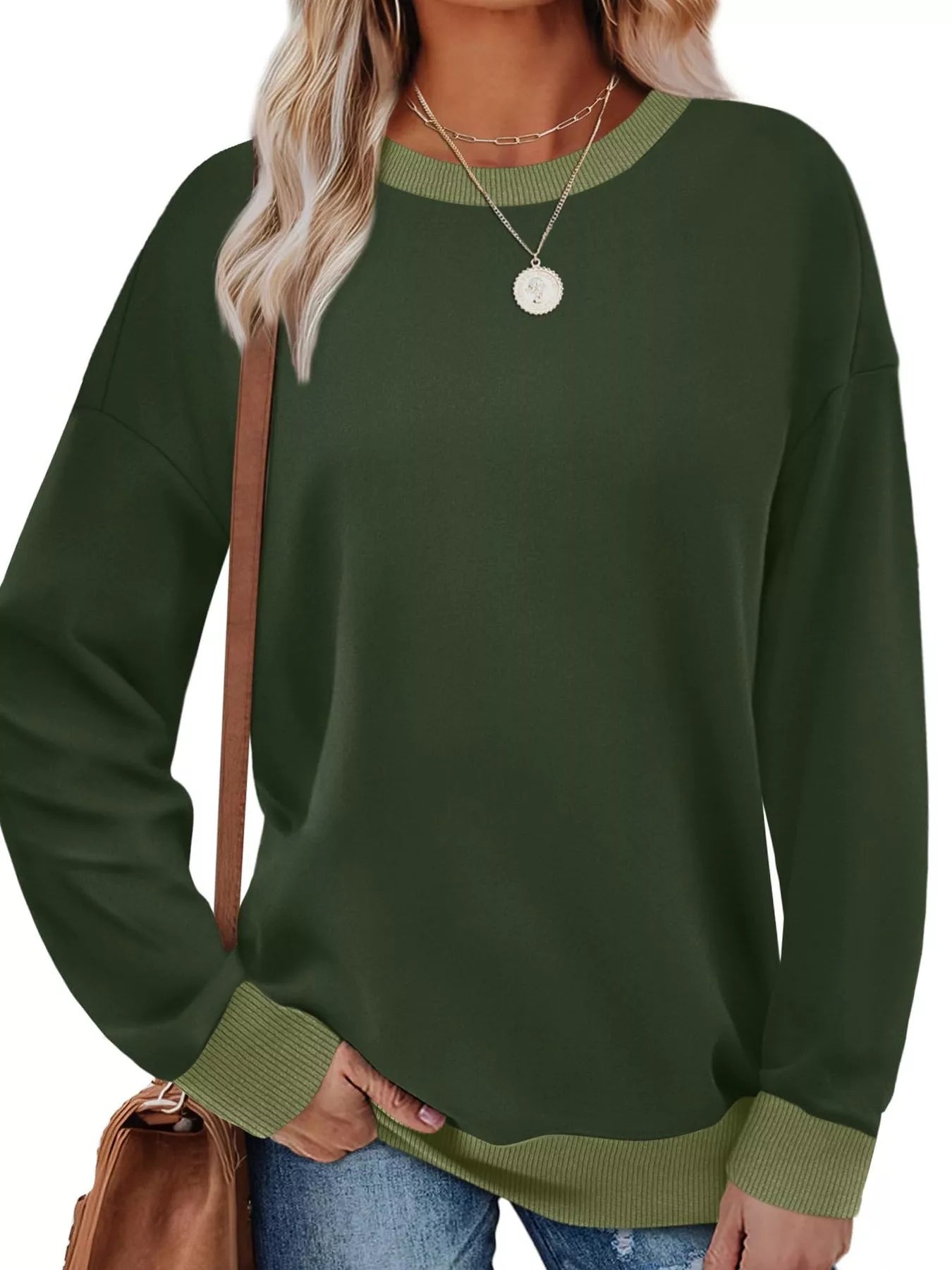 Contrast Trim Crew Neck Casual Sweatshirt Green OutfitFlow
