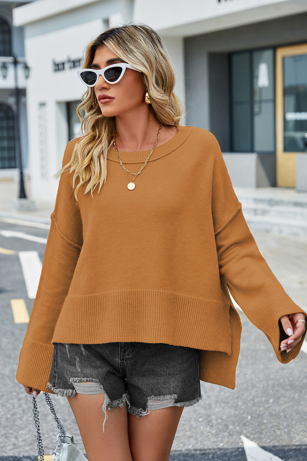 High-Low Slit Round Neck Long Sleeve Sweater