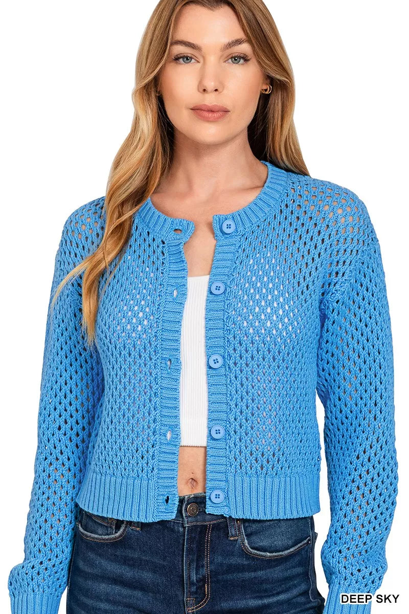 Zenana Button Down Lightweight Crochet Cardigan Sweater OutfitFlow