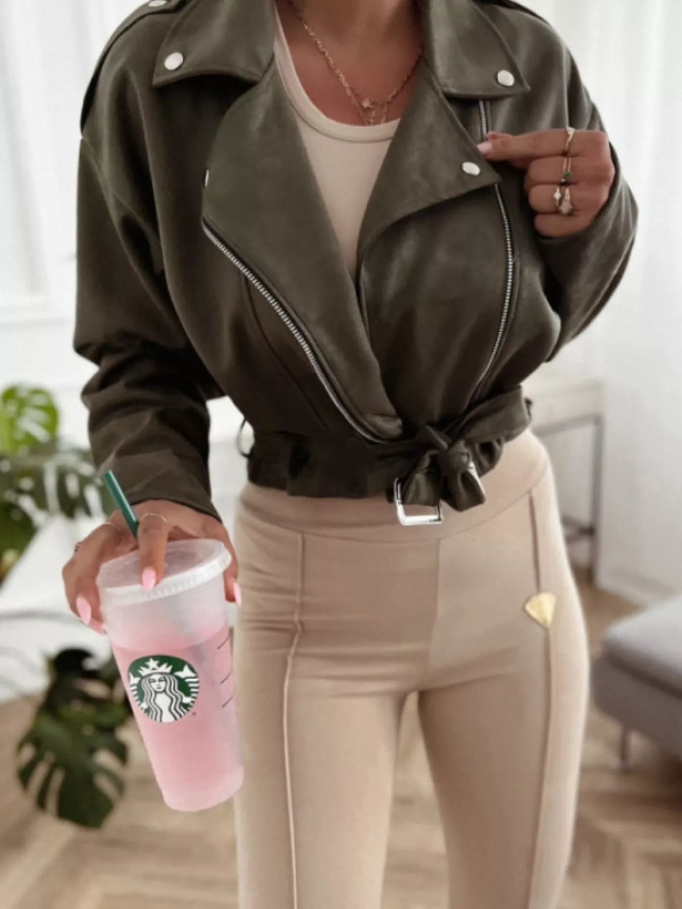 Zip Up Cropped Jacket Army Green OutfitFlow