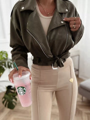 Zip Up Cropped Jacket Army Green OutfitFlow