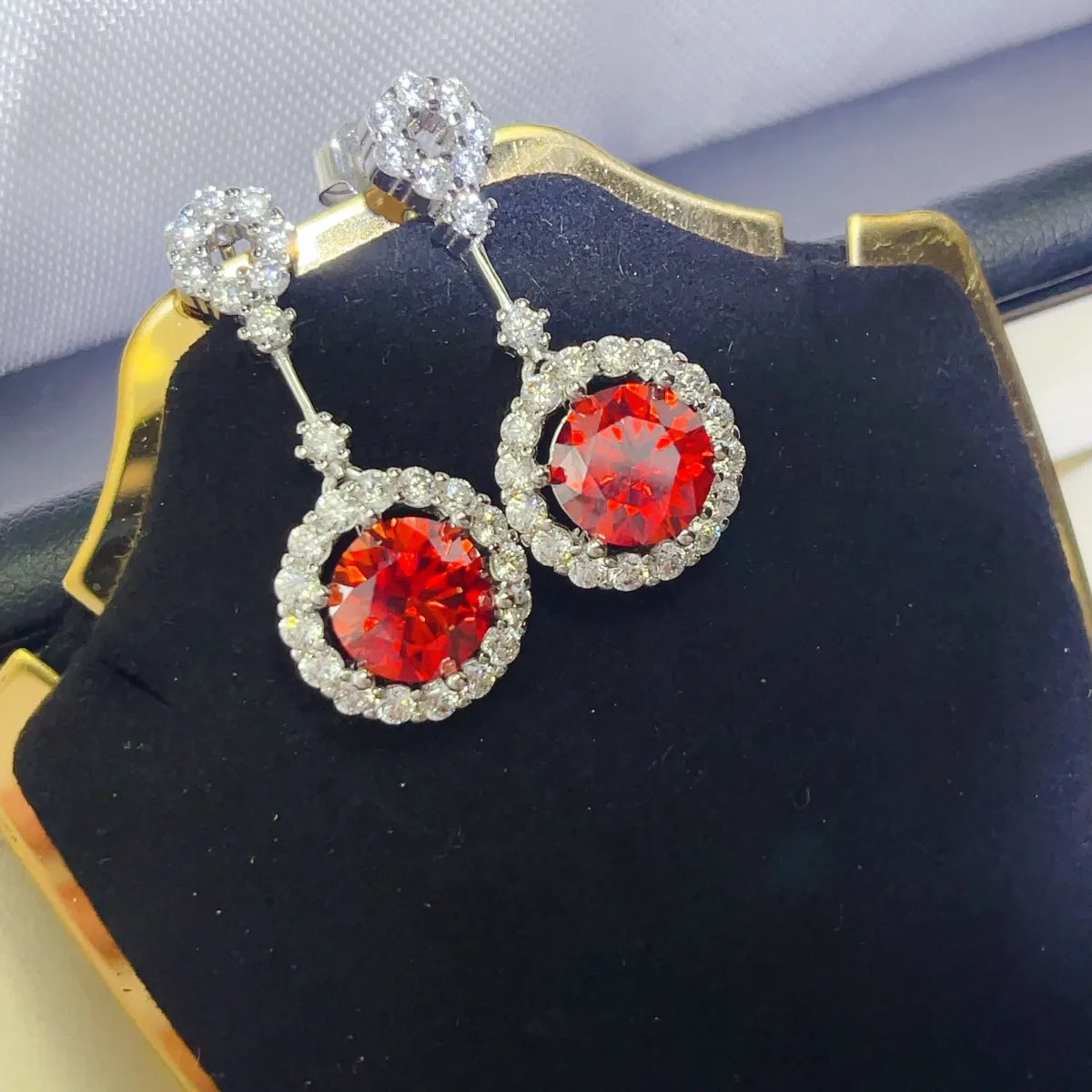 4 Carat Ruby Red Crystal Drop Earrings with Rhinestone Halo OutfitFlow
