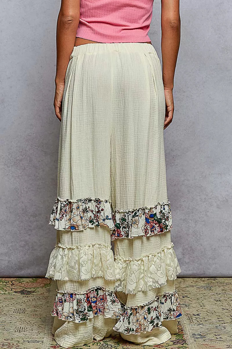 POL Drawstring Double Gauze Wide Leg Pants with Print and Lace Ruffle OutfitFlow