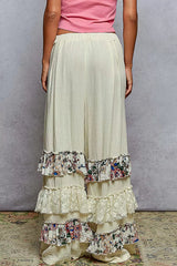 POL Drawstring Double Gauze Wide Leg Pants with Print and Lace Ruffle OutfitFlow