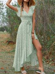 Printed Surplice Ruffle Sleeve Dress OutfitFlow