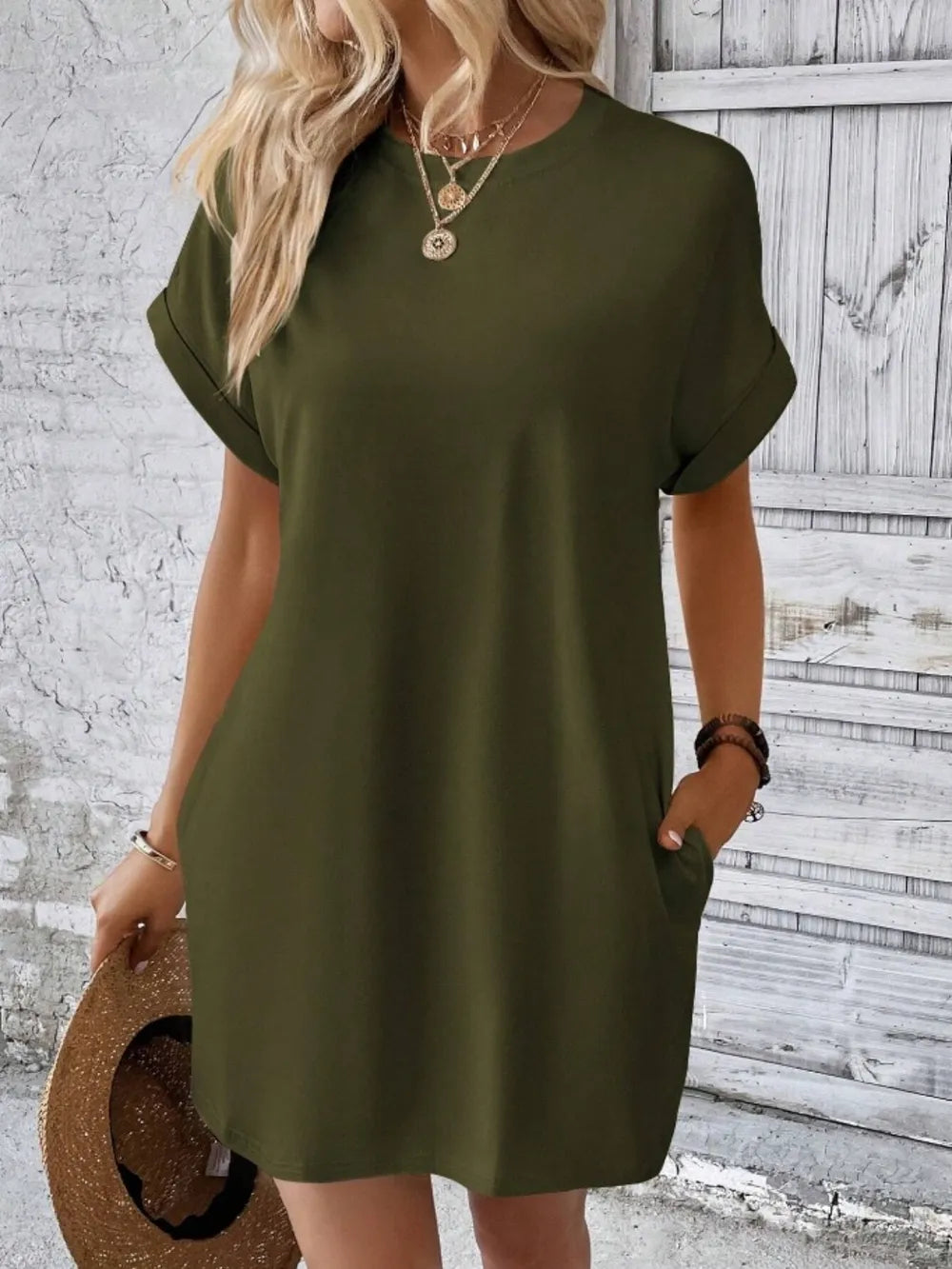 Pocketed Round Neck Short Sleeve Dress OutfitFlow