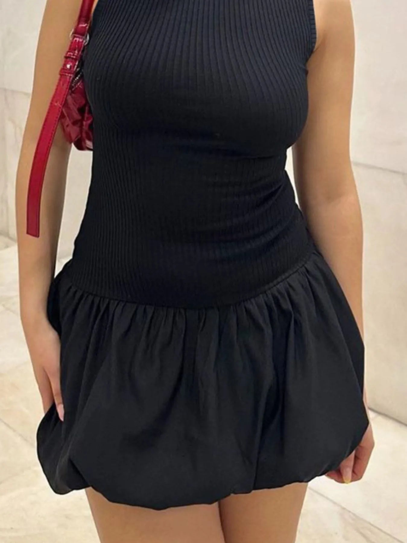 Ruffled Bubble Hem Sleeveless Mini Dress Black OutfitFlow