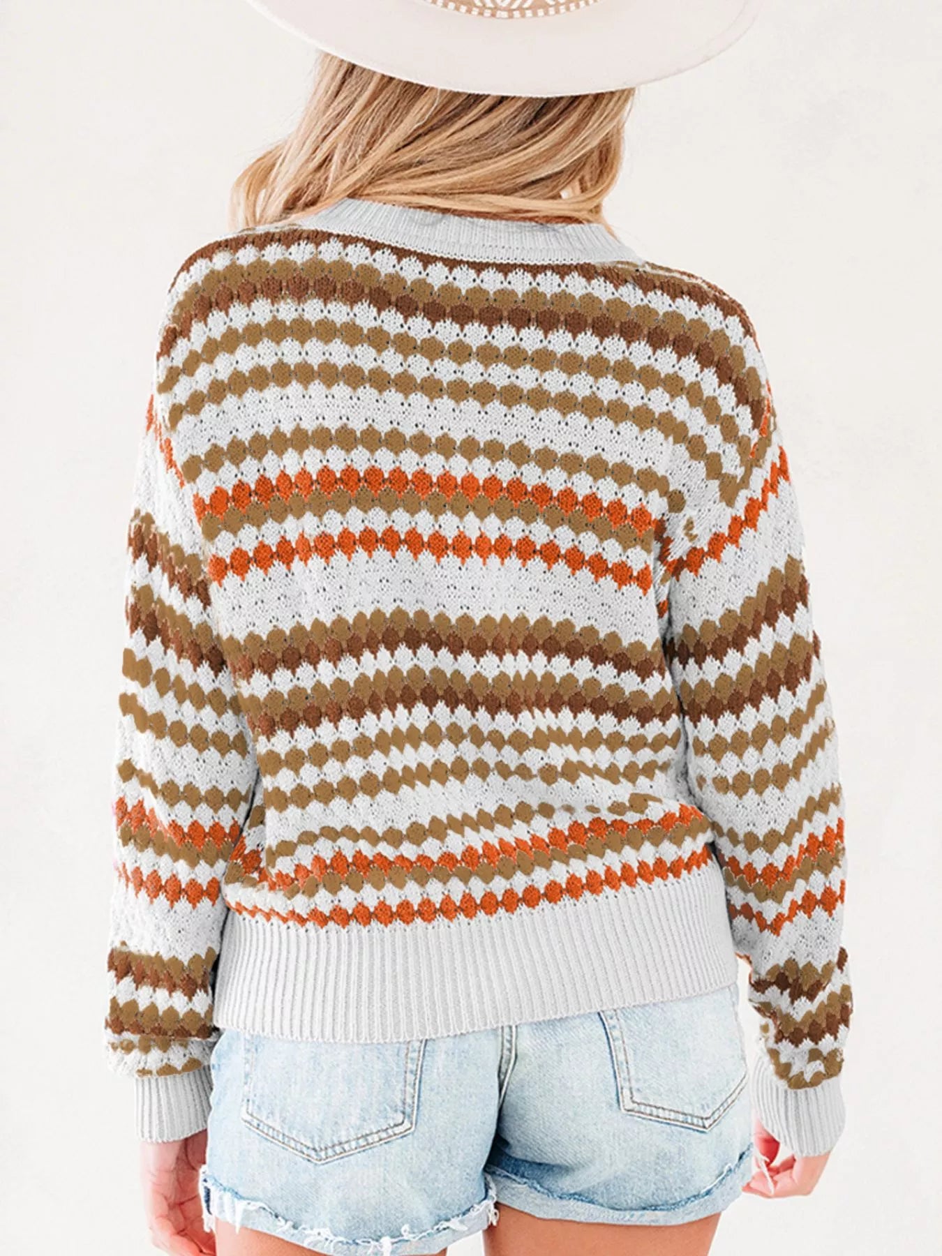 Stripe Eyelet Patterned Drop Shoulder Sweater OutfitFlow