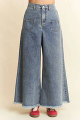 Davi & Dani Patch Pocket Wide Leg Culotte Jeans OutfitFlow