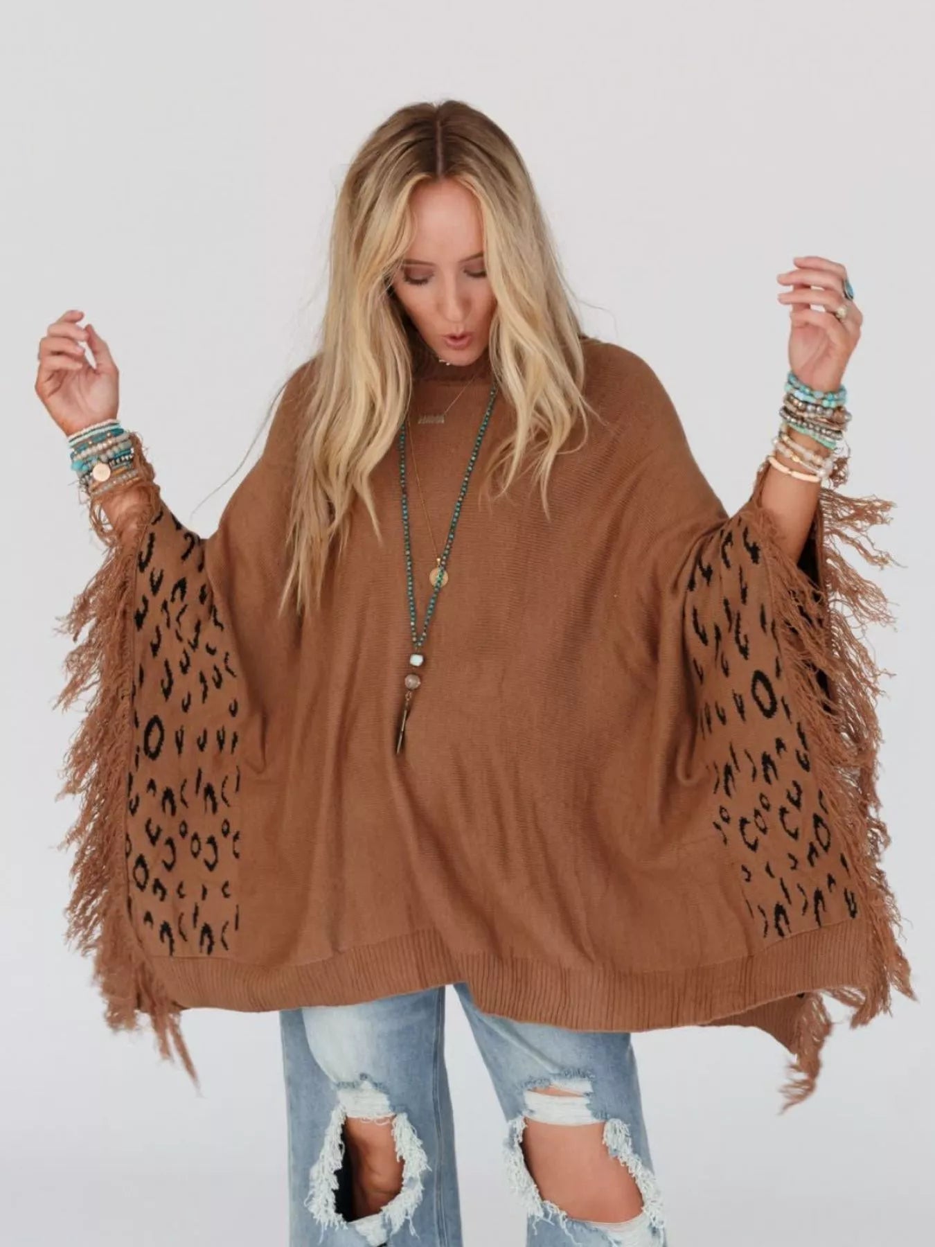 Fringe Leopard Mock Neck Batwing Sleeve Knit Top OutfitFlow