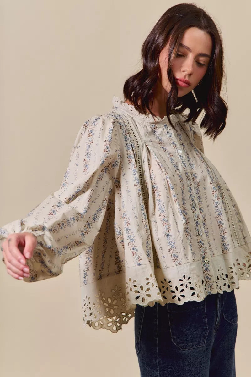 SO ME Floral Print Lace Button Down Shirt OutfitFlow