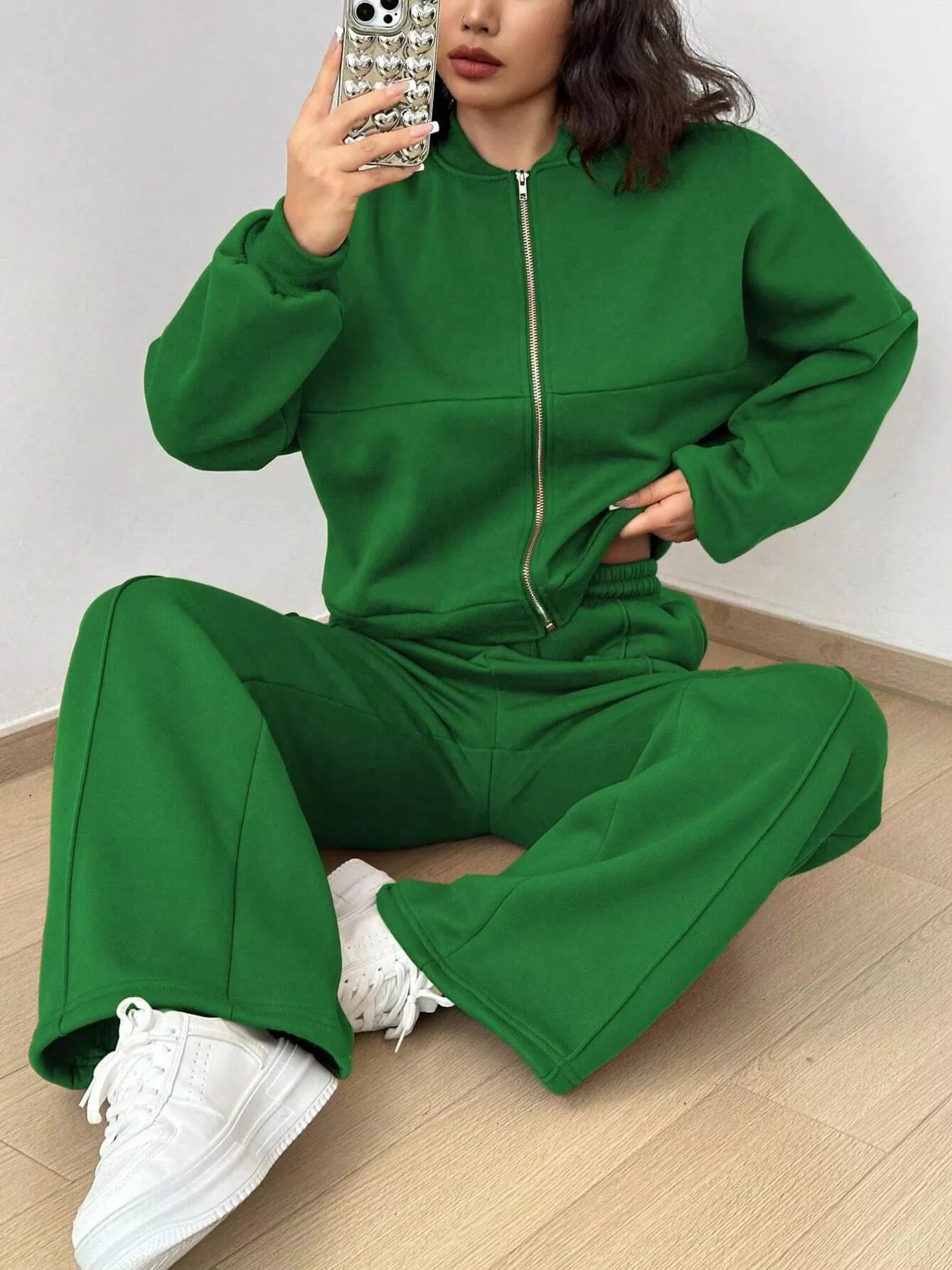 Casual Solid Color Zipper Jacket and Wide Leg Pants Set Green OutfitFlow