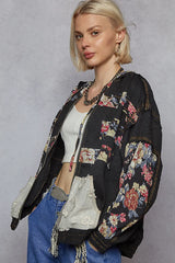 POL Zip Up Floral and Lace Patch Washed Jacket OutfitFlow