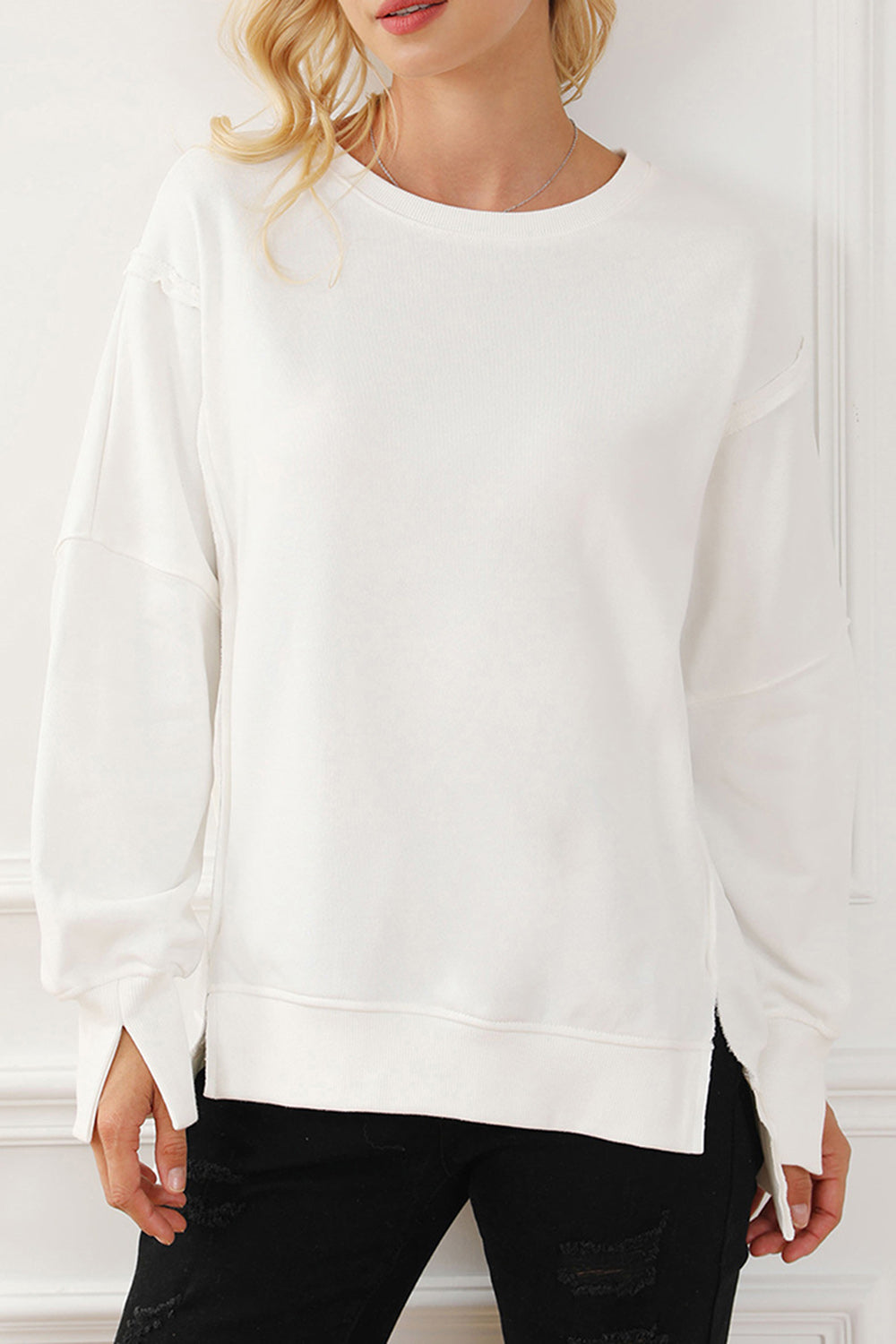 Outfit Flow - Exposed Seam High-Low Long Sleeve Sweatshirt