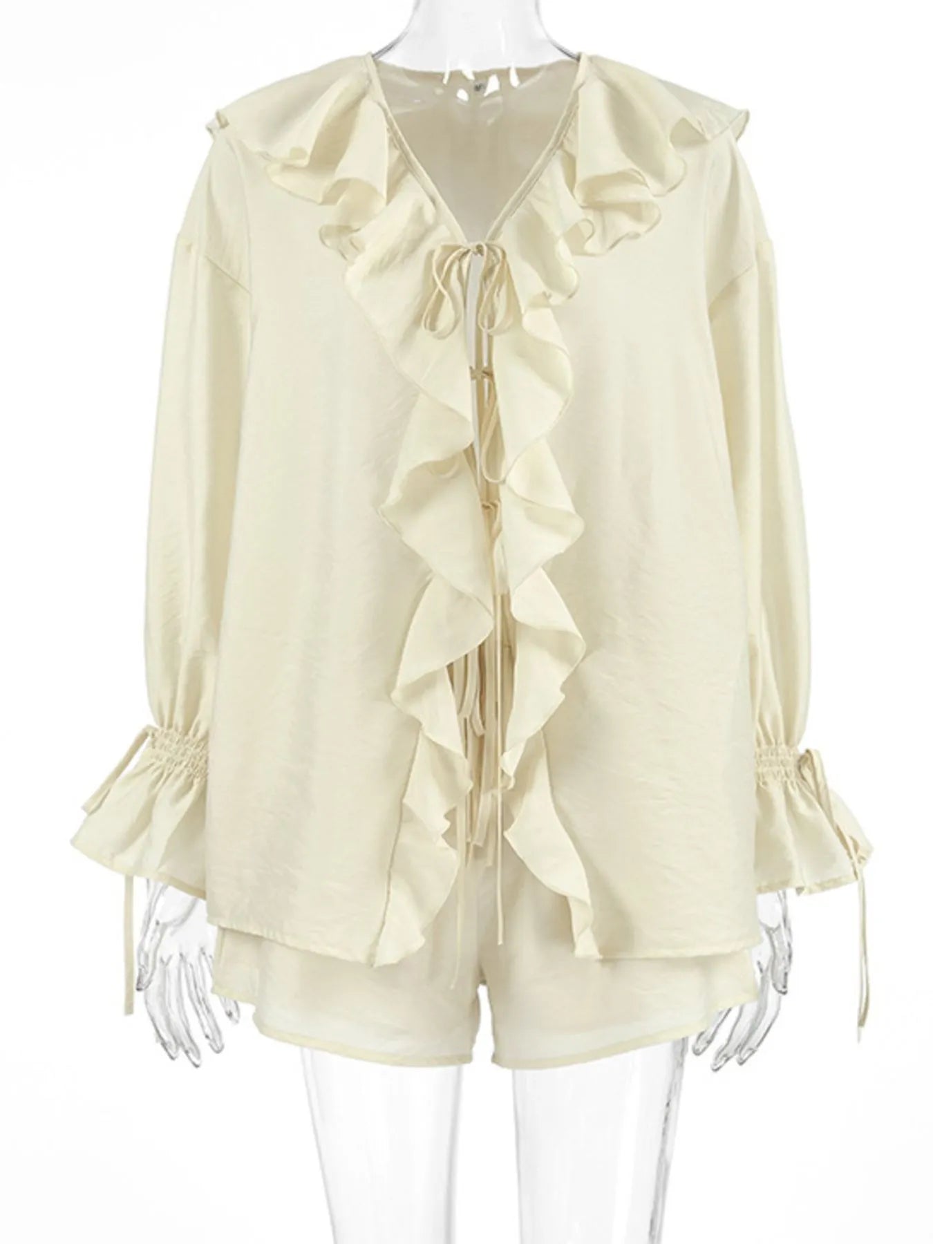 Ruffled V-Neck Top and Shorts Set OutfitFlow